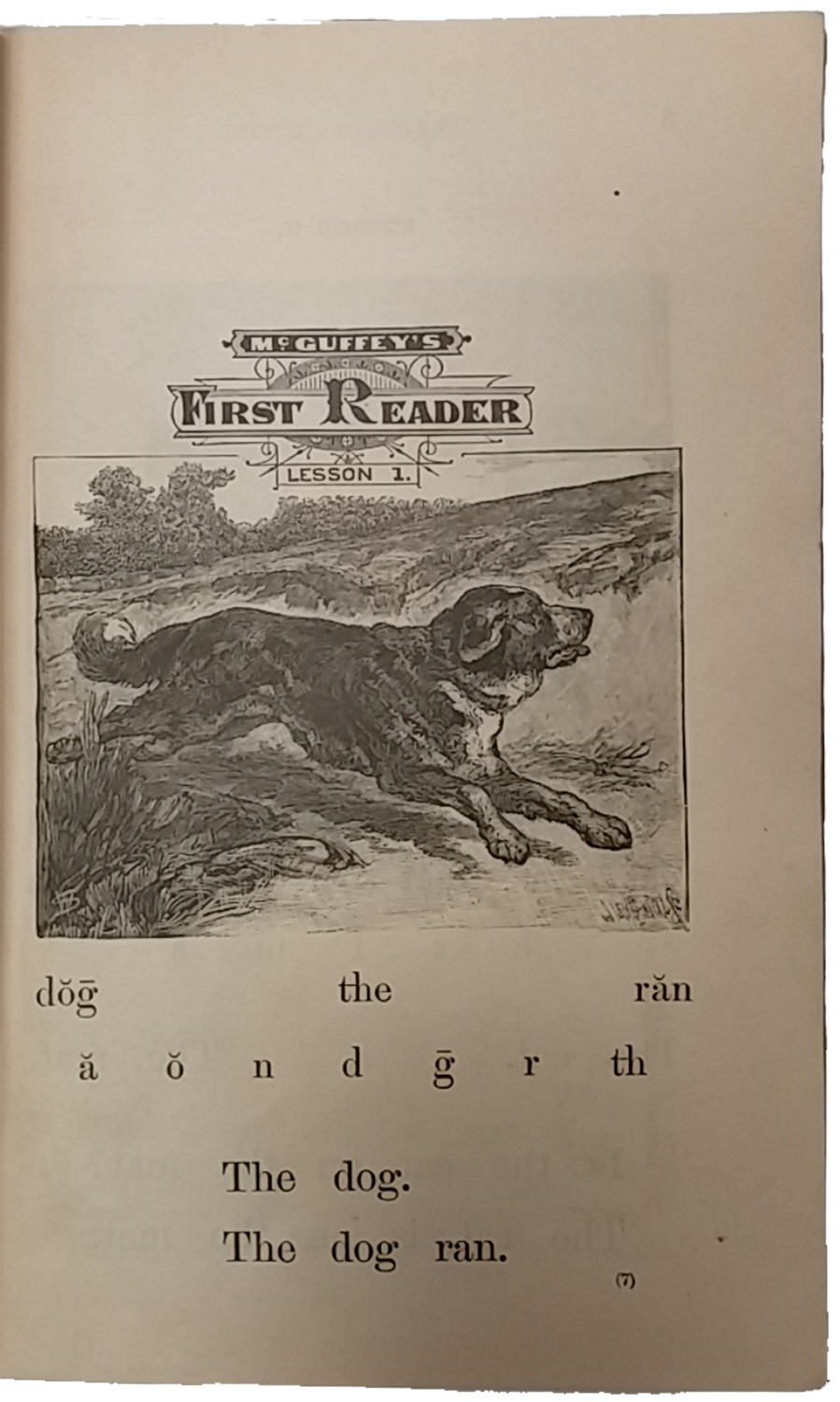 Scanned page from 1879 McGuffey Reader. Black and white illustration shows a dog running outdoors. Text says "The dog. The dog ran."