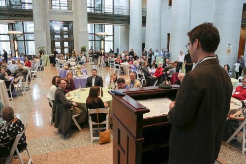 Ohioana's board president Dan Shuey addressing authors at the Ohioana Book Festival reception.