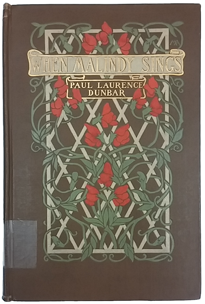 Cover of "When Malindy Sings" with brown background and red flowers climbing up a white trellis.