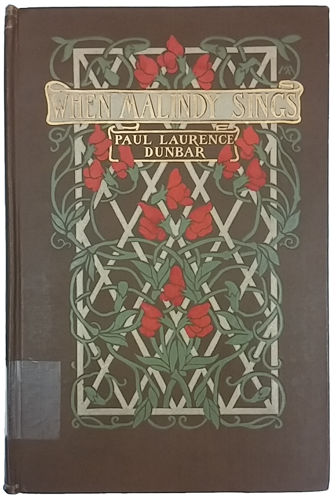 Cover of "When Malindy Sings" with brown background and red flowers climbing up a white trellis.