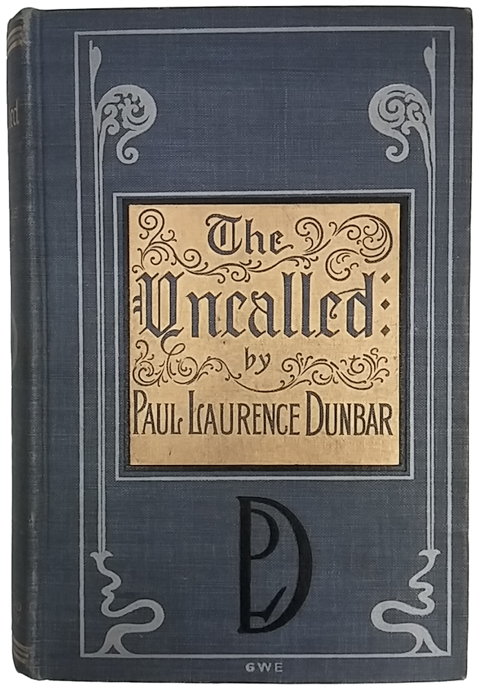 Cover of "The Uncalled" by Paul Laurence Dunbar. Dark blue background with gray Art Deco ornaments along left and right sides, gold metallic background behind title and author, and stylized author's monogram in black.